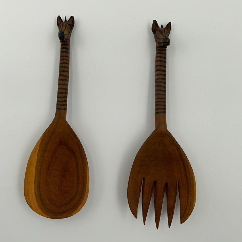 Hand Carved Wooden African Zebra 12" Salad Service Set